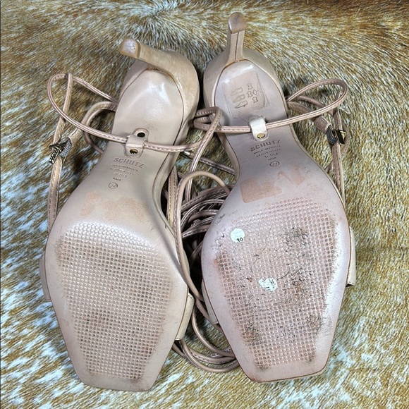 GUC SCHUTZ US 5.5B Tan Stiletto Heel Ankle Wrap Leather Stiletto Sandal Summer - Picture 9 of 15